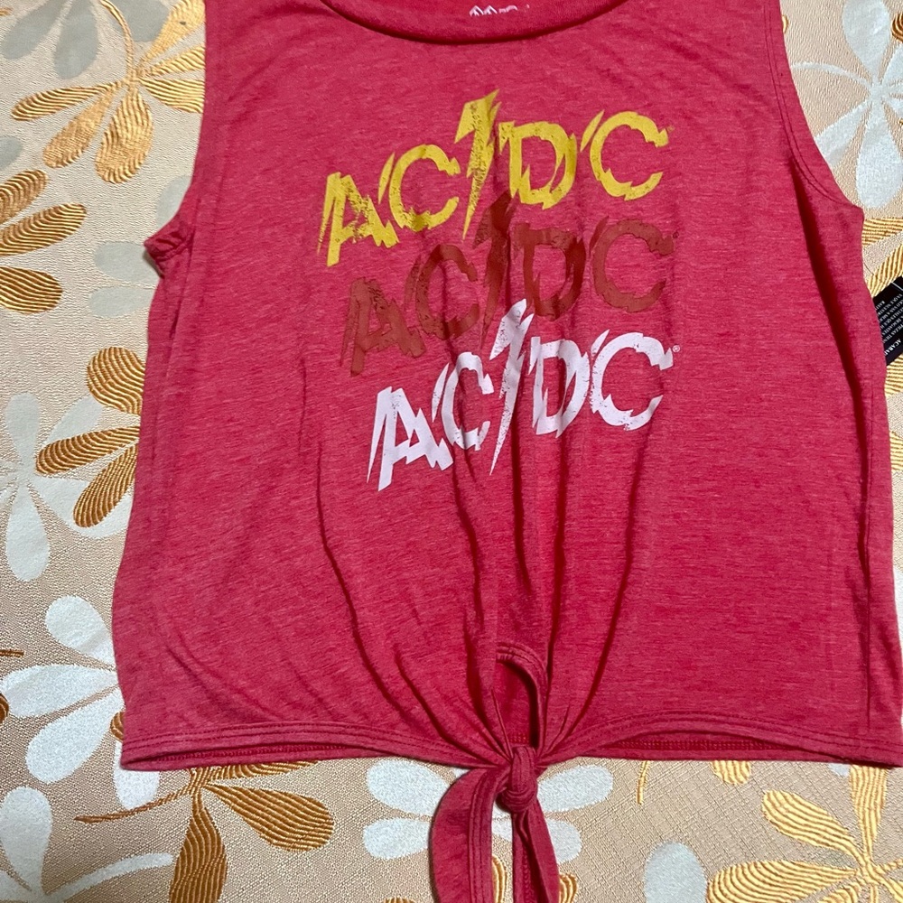 AC/DC Red Tank Top with Yellow, Brown, and White Logo